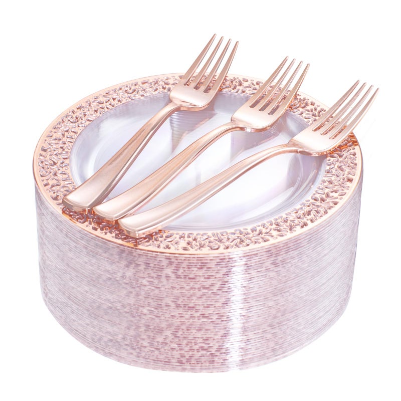 I00000 72 Pcs Rose Gold Dessert Plates 7.5" & 72 Pcs Disposable Forks 7.4", Lace Design Plastic Salad Plate, Plastic Appetizer Plate for all Holidays Perfect for Party & Wedding - Image 1